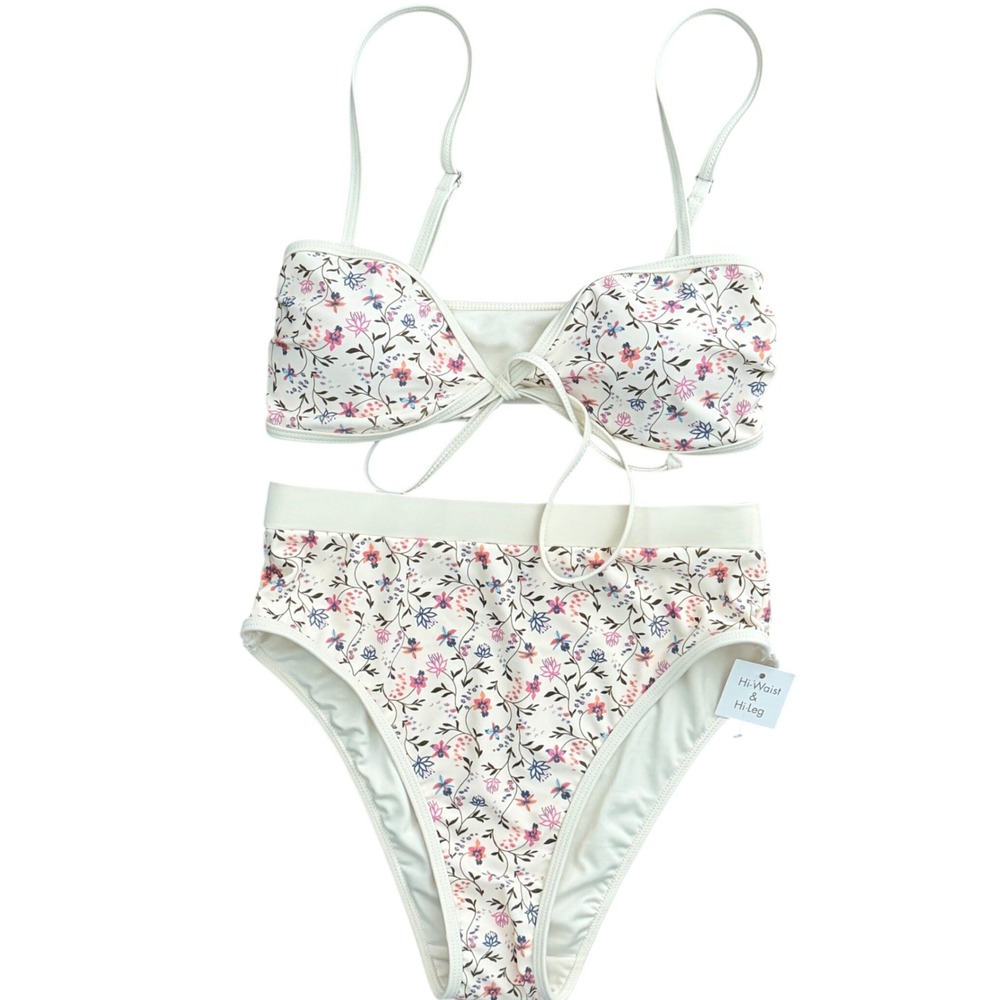 NWOT Caroline Constas Floral High-Waist High-Leg Bikini Set XS Cream Pink - Picture 1 of 6